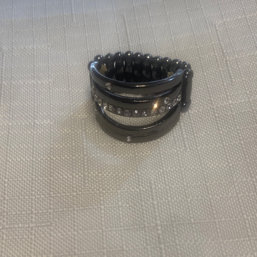 Black and Silver Stretch Ring with Rhinestones